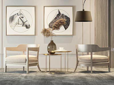 Modern Leisure Chairs With Wooden Metal Frames Golden Coffee Table Dried Flowers Horse Paintings 3d model