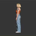 Blonde Woman In Orange Crop Top And Blue Wide Leg Jeans Standing Against Gray Background