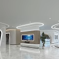 Modern Interior Space Design With Curved Structure Illuminated Lines Marble Floor And Green Plants