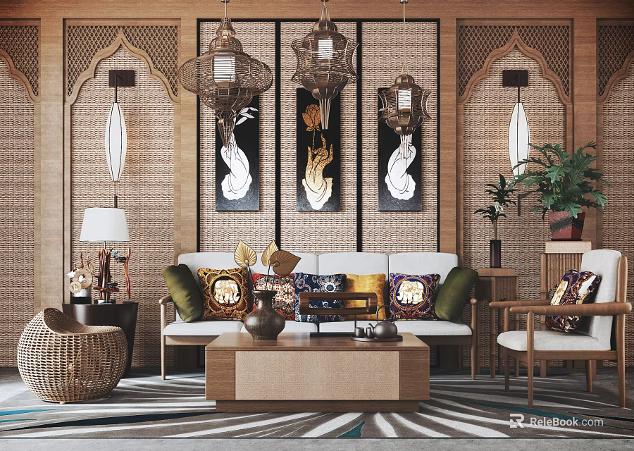 Traditional Sofa Coffee Table Set With Decorative Pillows Wall Art Pendant Lights And Potted Plants 3d model 