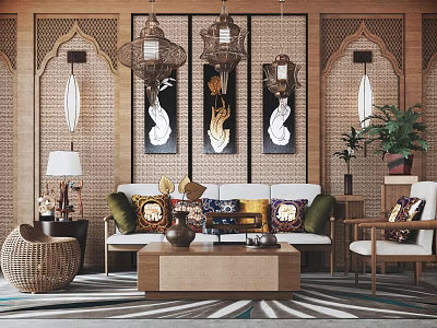 Traditional Sofa Coffee Table Set With Decorative Pillows Wall Art Pendant Lights And Potted Plants 3d model