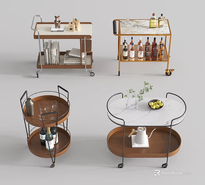 Wooden Metal Serving Carts With Marble Tops Mobile Storage For Wine Bottles Glasses And Fruits 3d model 
