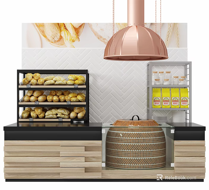 Modern Reception Counter With Baking Display Shelves Bread Items Yellow Beverage Bottles Copper Pendant Lamp And Herringbone Tiles 3d model 