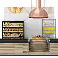 Modern Reception Counter With Baking Display Shelves Bread Items Yellow Beverage Bottles Copper Pendant Lamp And Herringbone Tiles