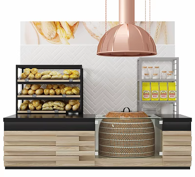 Modern Reception Counter With Baking Display Shelves Bread Items Yellow Beverage Bottles Copper Pendant Lamp And Herringbone Tiles 3d model