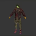 Detailed 3D Hooded Character Wearing Distressed Jacket Cargo Pants Knee Pads And Yellow Shoes