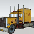 Tan Worn Truck With Triangular Warning Sign And Multiple Exhaust Pipes