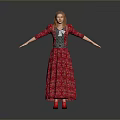 Red Haired Woman In Red Floral Dress With Silver Waist And Outstretched Arms Gray Background