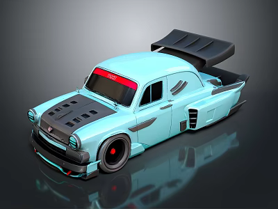 Light Blue Vintage Modified Car With Red Top Windshield Black Rear Spoiler And Streamlined Design 3d model