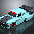Light Blue Vintage Modified Car With Red Top Windshield Black Rear Spoiler And Streamlined Design
