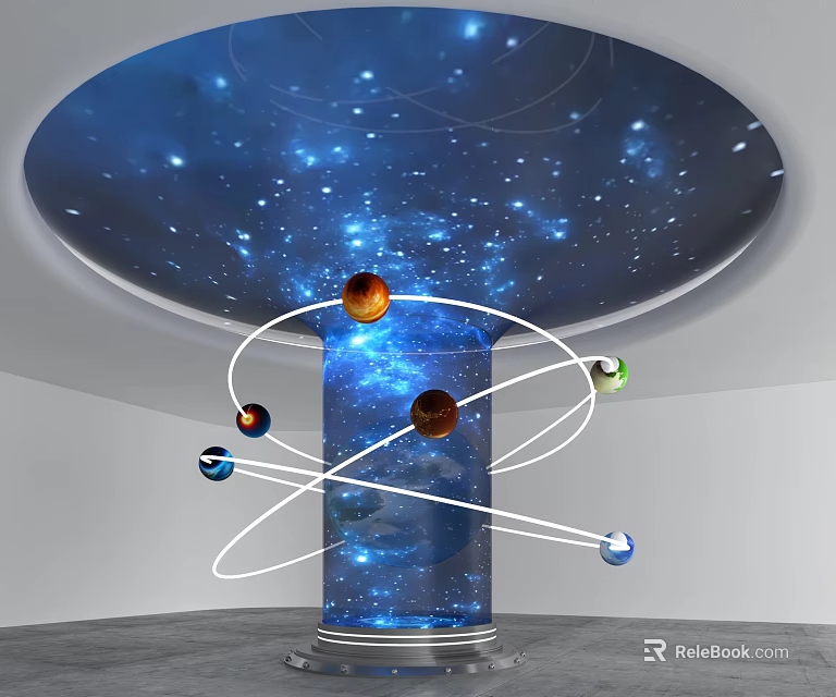 Illuminated Celestial Pillar with Planets in Circular Orbits Under Starry Sky 3d model 