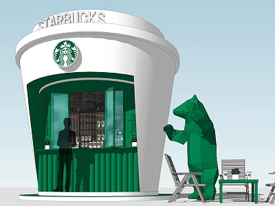 Starbucks Coffee Shop With Coffee Cup Shaped Building Green Bear Sculpture And Outdoor Seating 3d model
