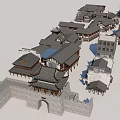 Traditional Chinese Commercial Street With Ancient Architecture Wooden Structures And Gray Tiled Roofs