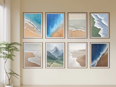 Eight Framed Landscape Paintings On Wall With Seascape Mountain View Natural Tones And Green Plant 3d model