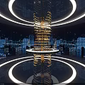 Futuristic City Tech Scene Featuring Spiral Golden Structure Circular Rings And Reflective Floor