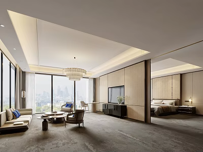 Contemporary Hotel Room with King Bed Sitting Area Floor to Ceiling Windows and City View 3d model