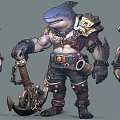 Shark Themed Doll With Muscular Design Metal Armor Chain Details And Hook Weapon