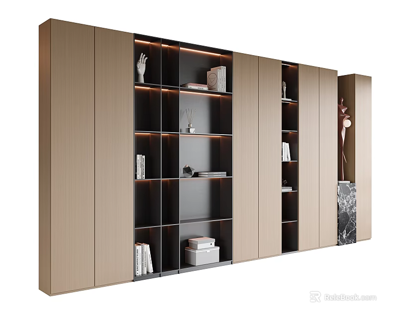 Modern Decorative Cabinet With Open Shelves Books Decorative Items And Warm Lighting 3d model 