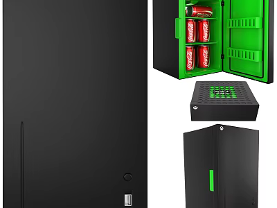 Modern Black Refrigerator Freezer With Green Interior And Coca-Cola Cans Storage 3d model