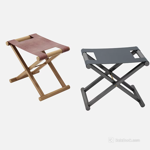 Modern Folding Stools With Wooden Metal Legs Brown Gray Leather Seats 3d model 