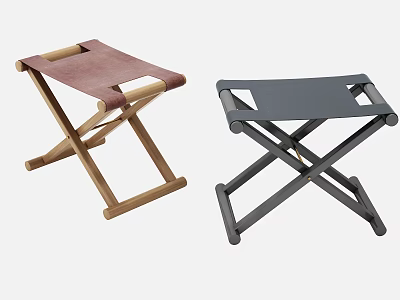Modern Folding Stools With Wooden Metal Legs Brown Gray Leather Seats 3d model