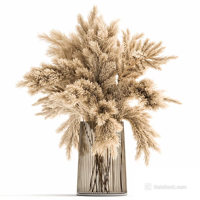 Natural Dried Pampas Grass in Striped Wooden Vase for Decorative Home Interior 3d model 
