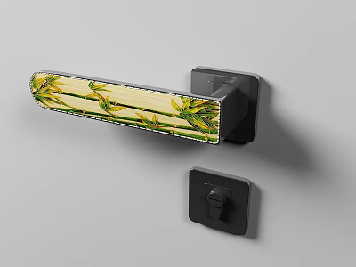 Elegant Wooden Door Handle With Floral Pattern And Black Base On Wall 3d model