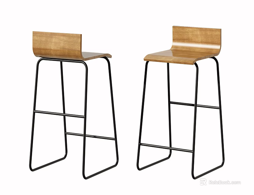 Wooden Bar Stools With Black Metal Frame And Backrest Design 3d model