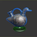 Ancient Duck Shaped Ceramic Vessel With Brown Black Patterns Curved Handle And Round Base 3d model