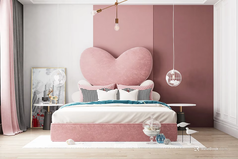 Cozy Bedroom Interior Design With Heart Shaped Pink Headboard Bed And Hanging Pendant Lights 3d model 