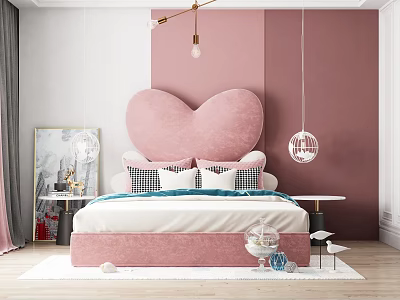 Cozy Bedroom Interior Design With Heart Shaped Pink Headboard Bed And Hanging Pendant Lights 3d model