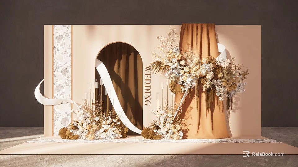 Elegant Wedding Decor With Archway Beige Curtain Floral Arrangements And Ribbon 3d model 