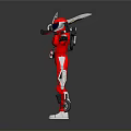 Red Robot Character In Armor Helmet With Blue Eyes Holding Sword And Small Aircraft