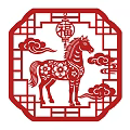 Traditional Chinese Red Octagonal Paper Cut Wall Decor with Horse Lanterns and Clouds