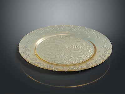 Golden Decorative Plate With Intricate Edge Patterns And Spiral Center Design 3d model
