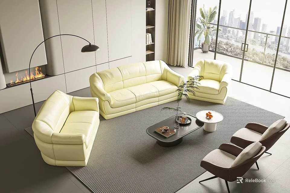 Luxury Cream Leather Sofa Set With Coffee Tables And Modern Living Room Decor 3d model 
