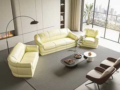 Luxury Cream Leather Sofa Set With Coffee Tables And Modern Living Room Decor 3d model