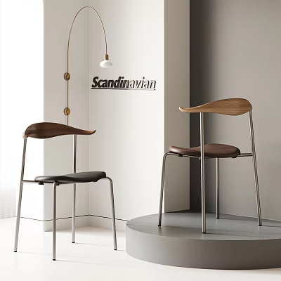 Scandinavian Modern Minimalist Dining Chairs With Wooden Backrest And Metal Legs 3d model
