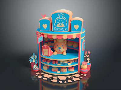 CakeShop Commercial Display Cabinet With Desserts Teddy Bear And Decorative Elements 3d model