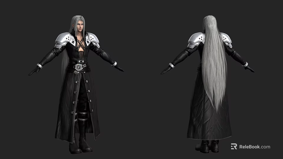 Silver Haired Fantasy Character Design With Black Robe Silver Shoulder Armor And Front Back Views 3d model 
