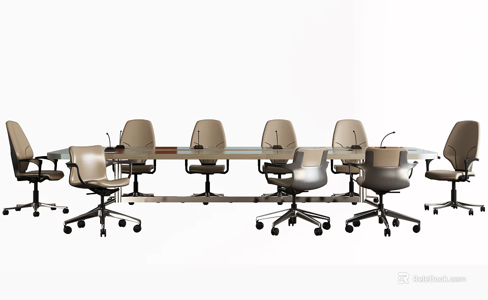 Modern Conference Table With Rolling Office Chairs And Glass Top Surface 3d model 