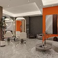Elegant Modern Beauty Salon Interior Design With Orange Wall Mirrors Salon Chairs And Comfortable Sofa