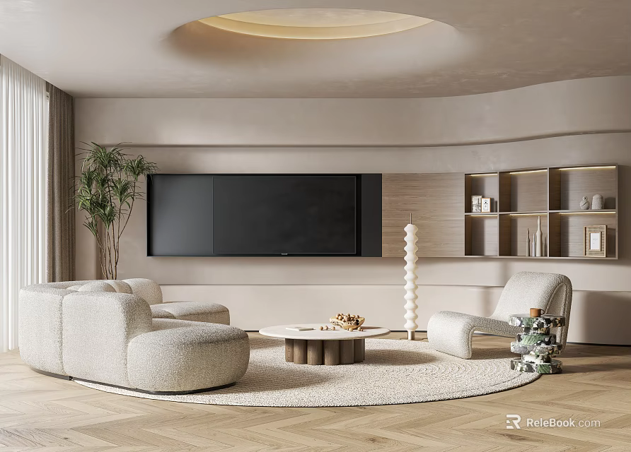 Modern Living Room Interior With Curved Sofa Large TV Round Coffee Table And Wooden Floor 3d model 