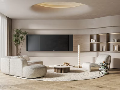 Modern Living Room Interior With Curved Sofa Large TV Round Coffee Table And Wooden Floor 3d model