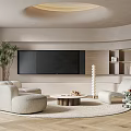 Modern Living Room Interior With Curved Sofa Large TV Round Coffee Table And Wooden Floor