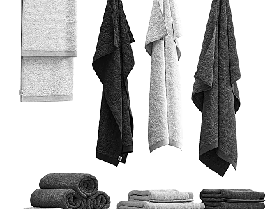 Assorted Colored Soft Cotton Towels Hanging And Folded In Bathroom 3d model