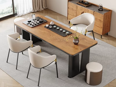 Modern Tea Room Interior With Wooden Table Chairs Stool And Tea Sets 3d model