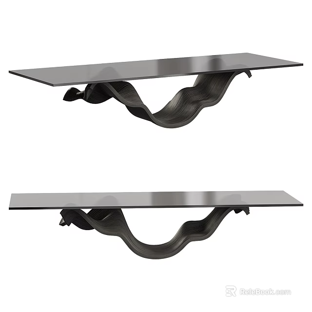 Modern Glass Top Coffee Table With Black Curved Wavy Base Design 3d model 