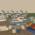 Vibrant Kindergarten Interior With Circular Play Zones Colorful Furniture And Wooden Shelves