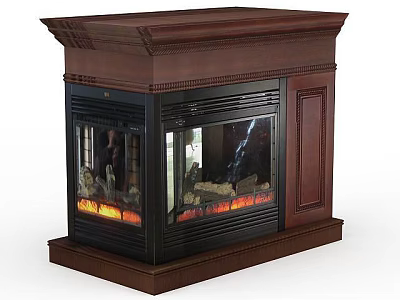 Wooden Fireplace Unit With Black Glass Doors Side Cabinet And Simulated Flames 3d model